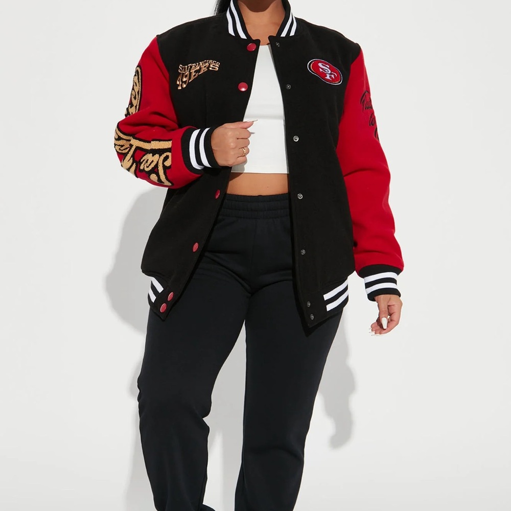 Fashion Nova 49ners Black and Red Varsity Jacket